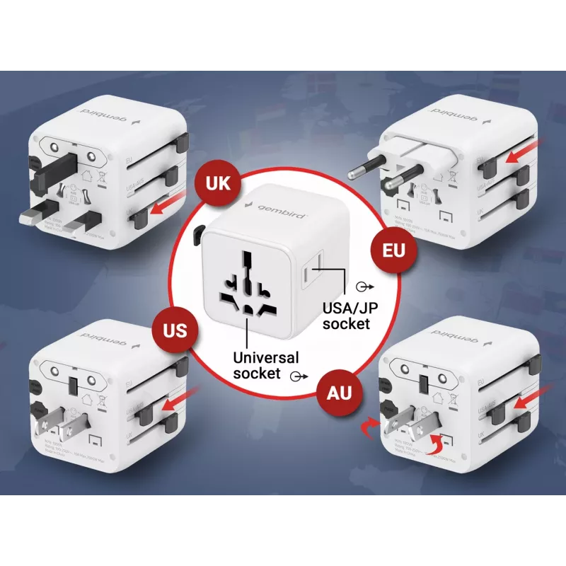Adaptador de viagem universal GEMBIRD TPA-INT-01-W — entrada 100–250 V, ficha Type-G, dimensões compactas 84×56×85 mm