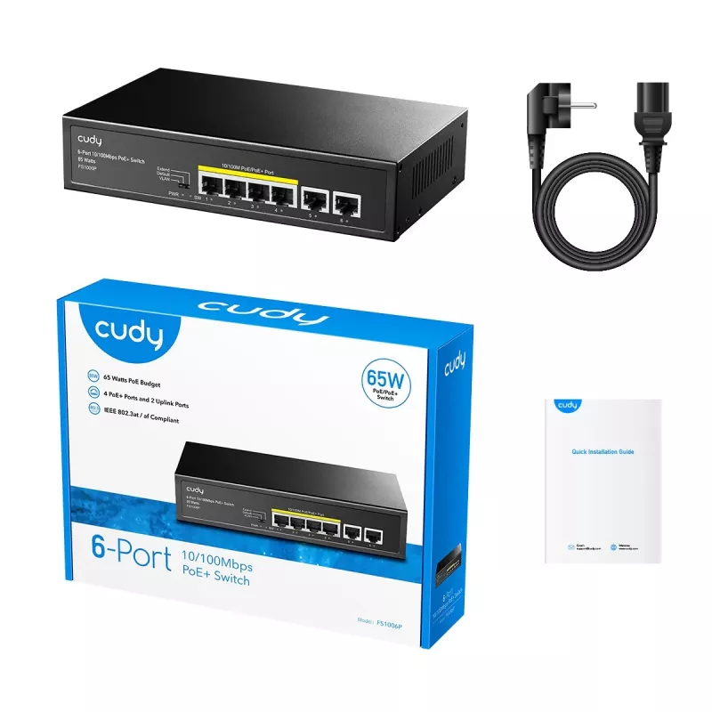 Switch de rede Cudy FS1006P Fast Ethernet 6 portas (4 PoE, 1 PoE+) 10/100 Mbit/s, largura de banda 1,2 Gbit/s, caixa metálica, montagem em rack/parede
