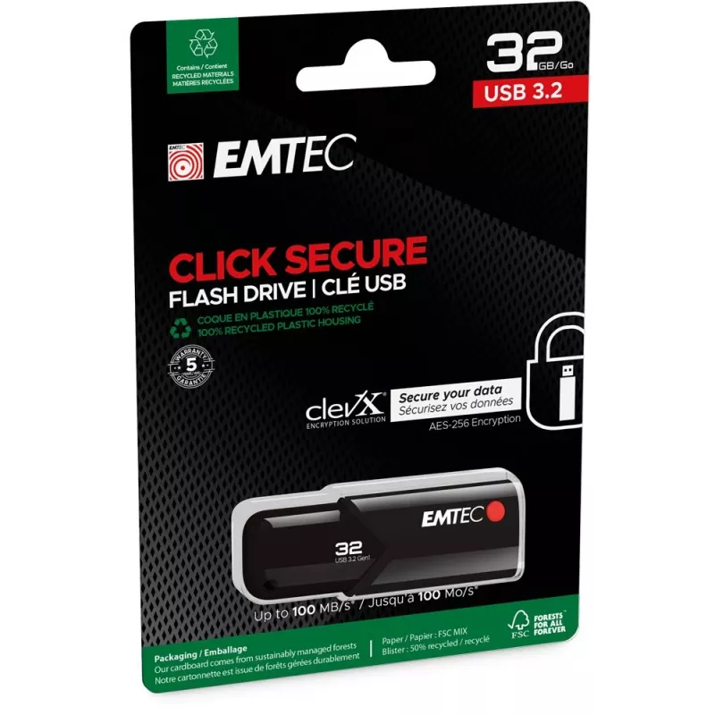 Pen drive USB EMTEC B120 Click Secure 32 GB USB Type-A 3.2 Gen 2 (3.1 Gen 2) preto