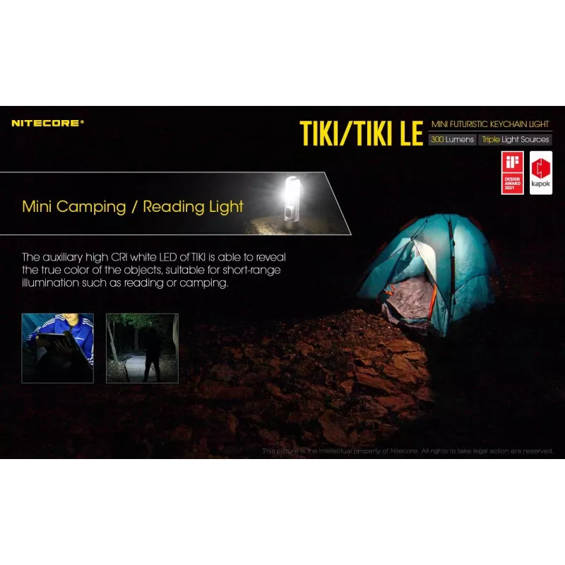 Lanterna de mão Nitecore TIKI LE — 300 lm, recarregável por USB, policarbonato, IP66, resistente a impactos, 10,5 g, 55 mm, preta