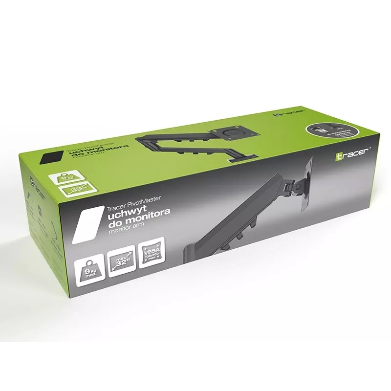 Suporte de monitor TRACER Pivot Master TRAUCH47659 — altura ajustável, inclinável/rotativo, VESA 100×100, até 9 kg, para ecrãs de 13–32 polegadas, montagem em secretária, preto