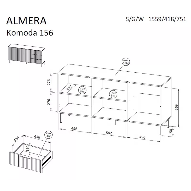 Cómoda cama meble ALMERA 156×42×75 cm, nogueira/caxemira, 3 gavetas, aglomerado