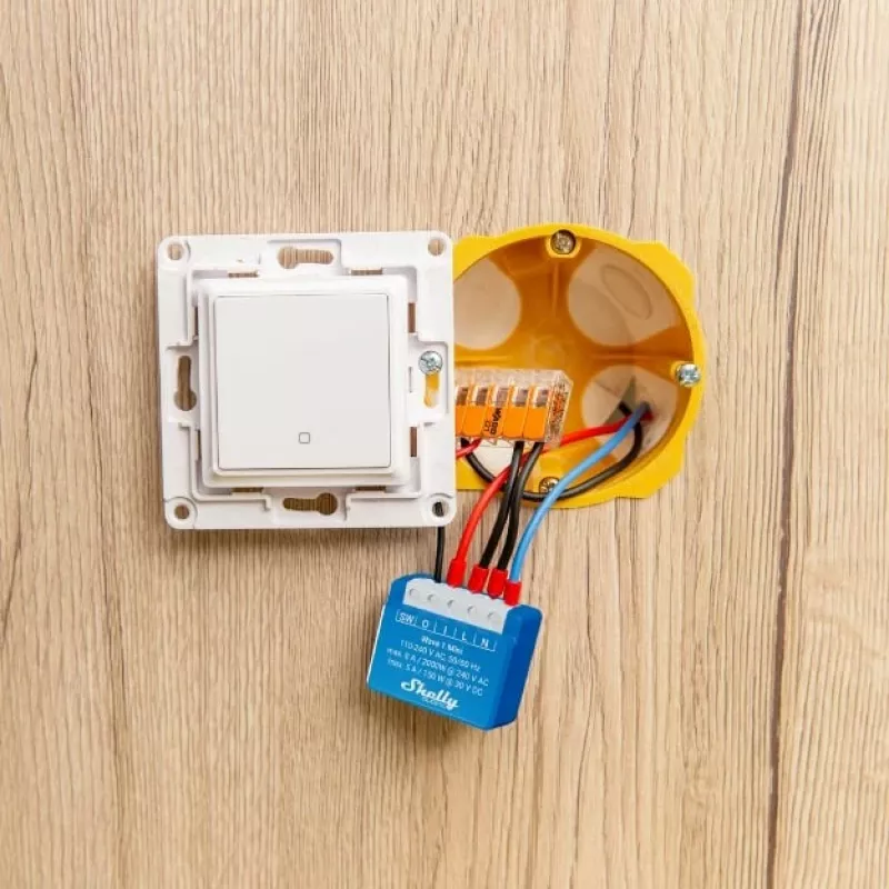 Relé inteligente Shelly Qubino Wave 1 Mini sem fios 110–240V, 8A AC / 5A DC, 868,4 MHz, para interiores, azul