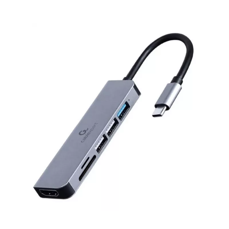 Docking station GEMBIRD A-CM-COMBO6-02 — com fios USB 3.2 Gen 1 Type-C, HDMI, 1x USB-A, 2x USB 2.0, SD/MicroSD (≤128 GB), cinzento