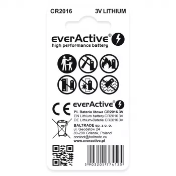 Pilha de lítio botão everActive CR2016 — 3 V, 20 mm de diâmetro, 1,6 mm de altura, pack de 2