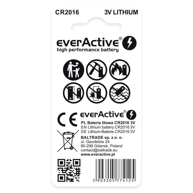 Pilha de lítio botão everActive CR2016 — 3 V, 20 mm de diâmetro, 1,6 mm de altura, pack de 2