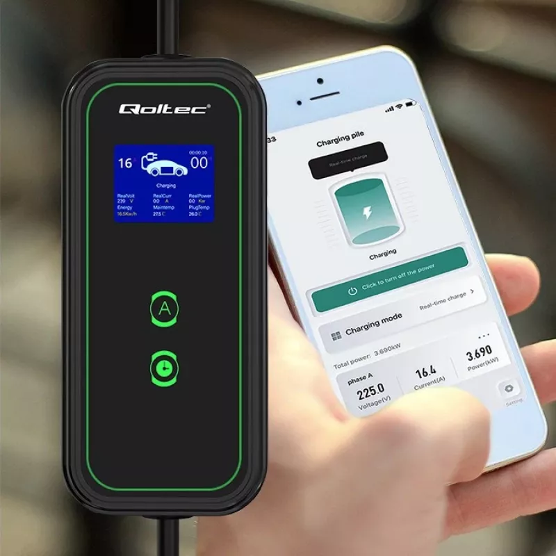 Carregador móvel para carro elétrico Qoltec ajustável 2em1 Type2 | 3,5kW | 230V | Wi-Fi | LCD | portátil | wallbox | 5m
