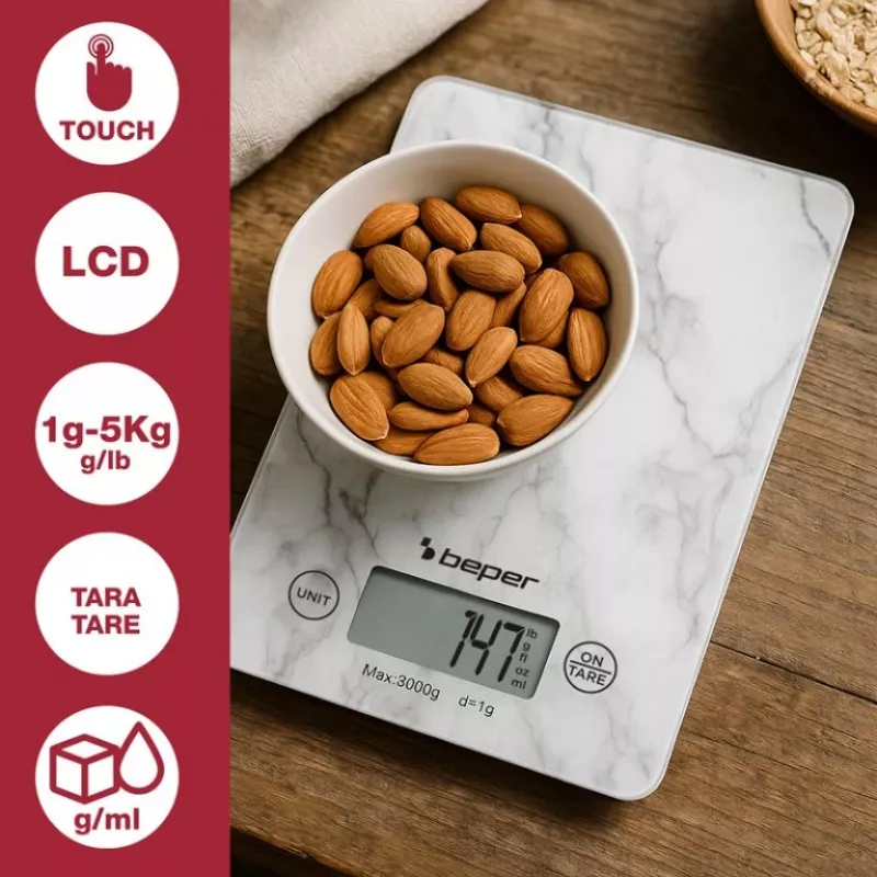 Balança de cozinha Beper P102BIL004 - digital, 5 kg, 1 g, mármore branco