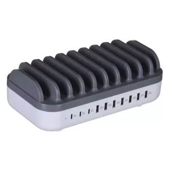 Estação de carregamento Manhattan, 10x portas: 3x USB-C (até 18W PD) e 7x USB-A (até 12W), 120W de saída total, branco/cinzento, garantia de três anos