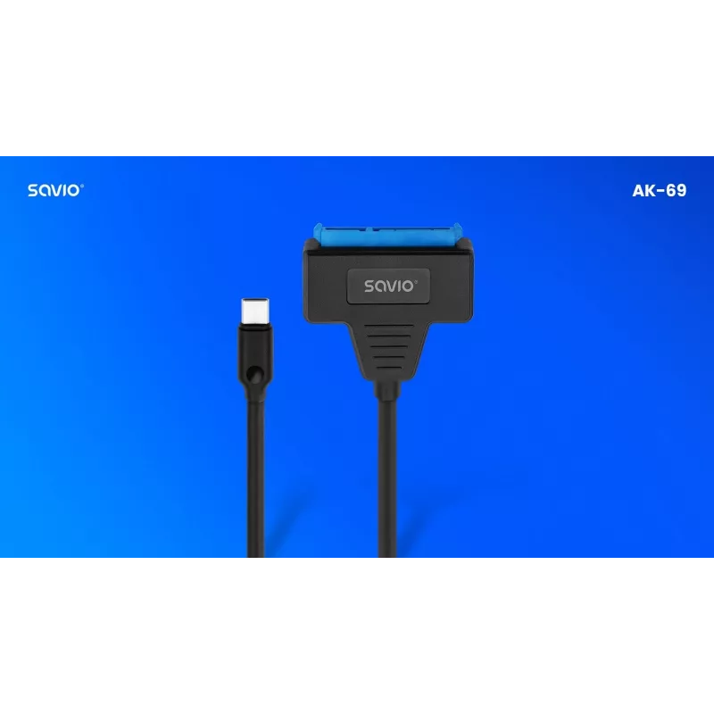 Cabo de interface SATA para USB-C SAVIO AK-69, conector fêmea SATA para conector macho USB-C, USB 3.2 Gen 1 (5 Gbit/s), 0,25 m, preto