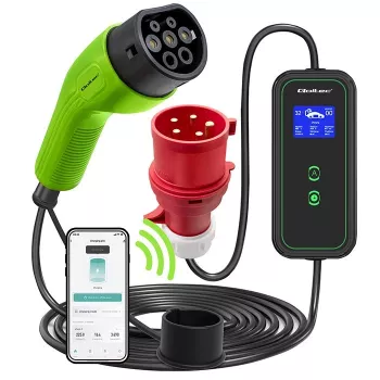 Carregador móvel para carro elétrico Qoltec ajustável 2em1 Type2 | 7kW | 230V | CEE 3 PIN | Wi-Fi | LCD | portátil | wallbox | 5m