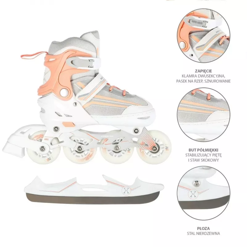 Patins em linha 2IN1 Nils Extreme NH18190 BRANCO/ROSA TAM. S (29-33) com patins de hóquei substituíveis
