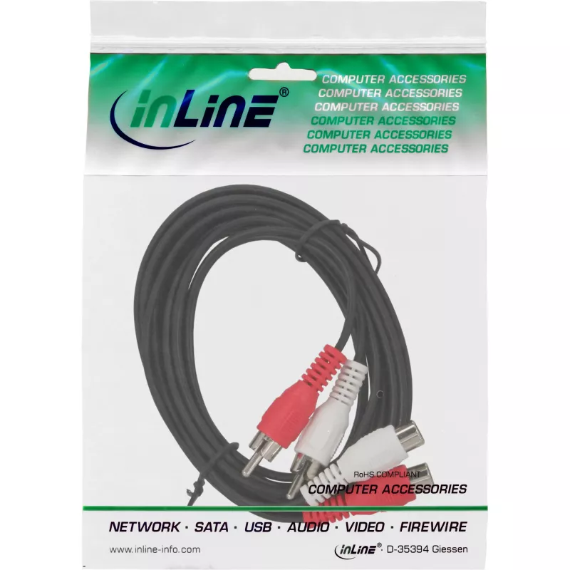 Cabo de áudio InLine 2x RCA ficha / conector fêmea 20m, 2 x RCA, ficha, 2 x RCA, conector fêmea, 20 m, preto