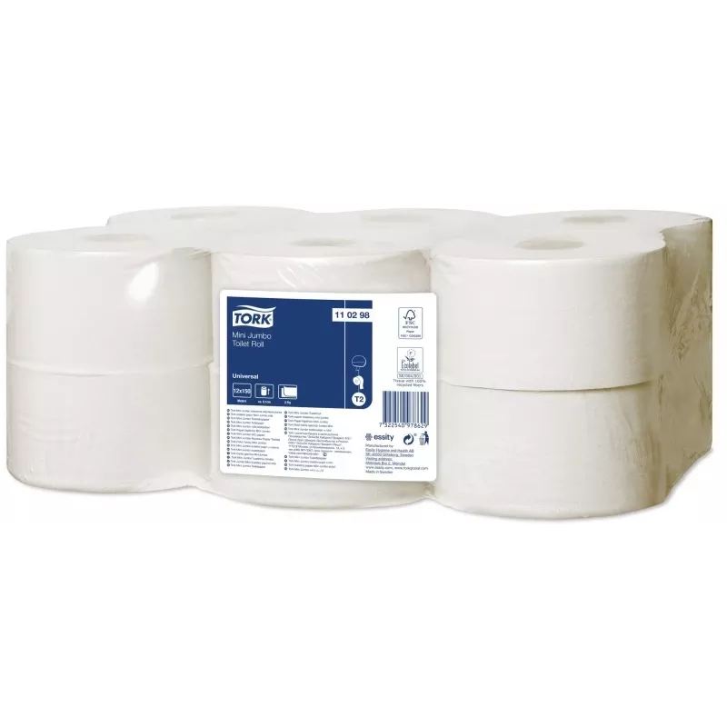 Papel higiénico Tork Universal Mini Jumbo T2, 2 folhas, 9,1 cm x 150 m, branco 12 unid.
