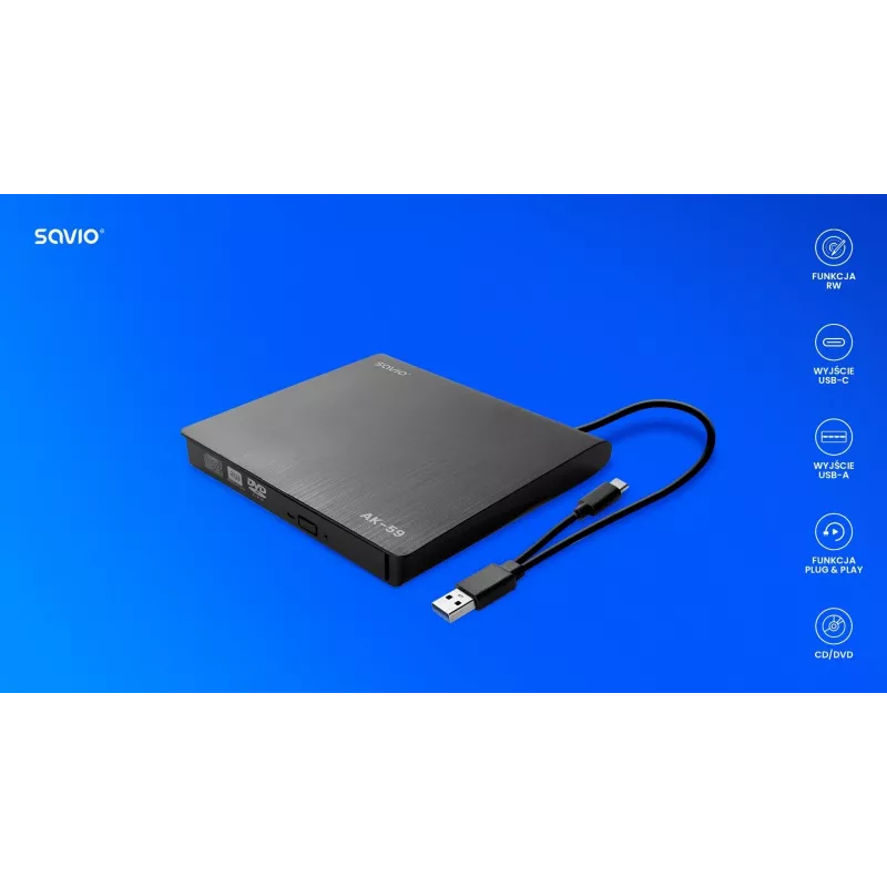 SAVIO AK-59 Gravador externo fino de CD/DVD R/RW - USB-C/USB-A, preto