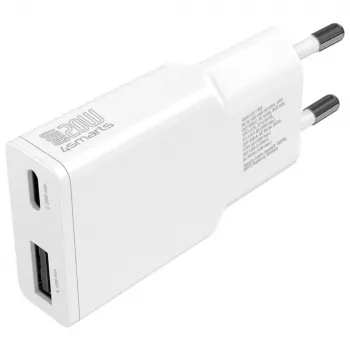 Carregador de dispositivo móvel interior AC 4smarts 541509 — 100–240V, USB-A + USB-C, cabo de 1,5 m, carregamento rápido, branco