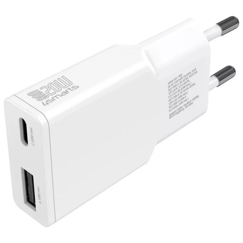 Carregador de dispositivo móvel interior AC 4smarts 541509 — 100–240V, USB-A + USB-C, cabo de 1,5 m, carregamento rápido, branco