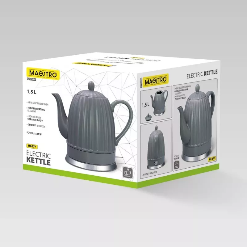 Chaleira Maestro MR-077, 1,5 L, 1500 W, corpo em cerâmica, cinzento