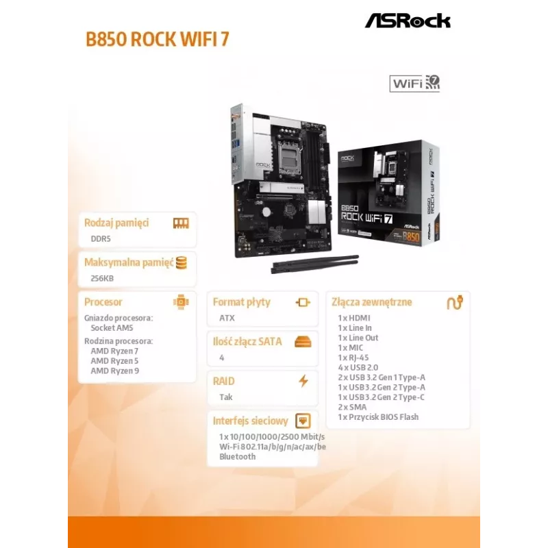 Placa-mãe ASRock B850 Rock WiFi 7, socket AMD AM5, ATX, DDR5, Wi-Fi 7