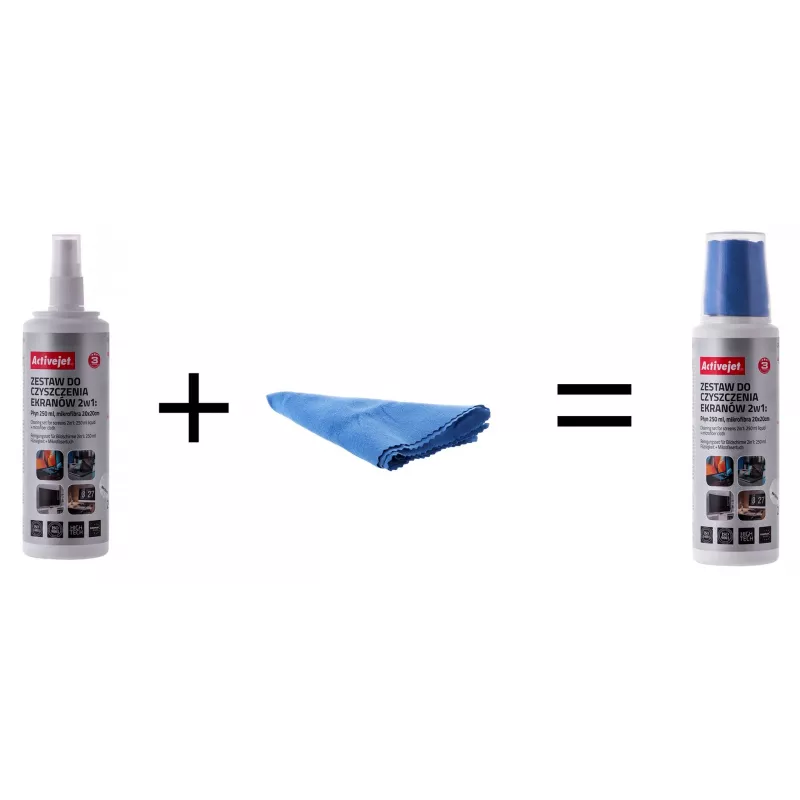 Panos de limpeza e líquido para equipamentos ActiveJet AOC-269, pano de microfibra 200x200 mm, spray 250 ml, 2 unid.
