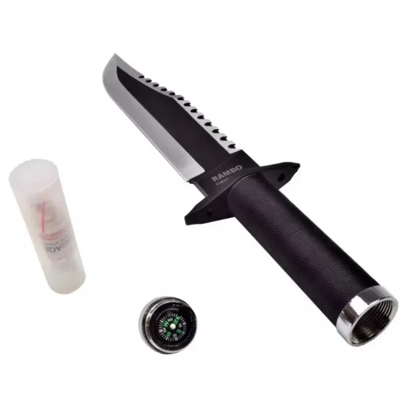 Faca de sobrevivência de lâmina fixa Cinema Classic CC-H2 — 400 mm de comprimento total, lâmina de aço 250 mm, lisa e serrada, punho preto, inclui bainha de couro