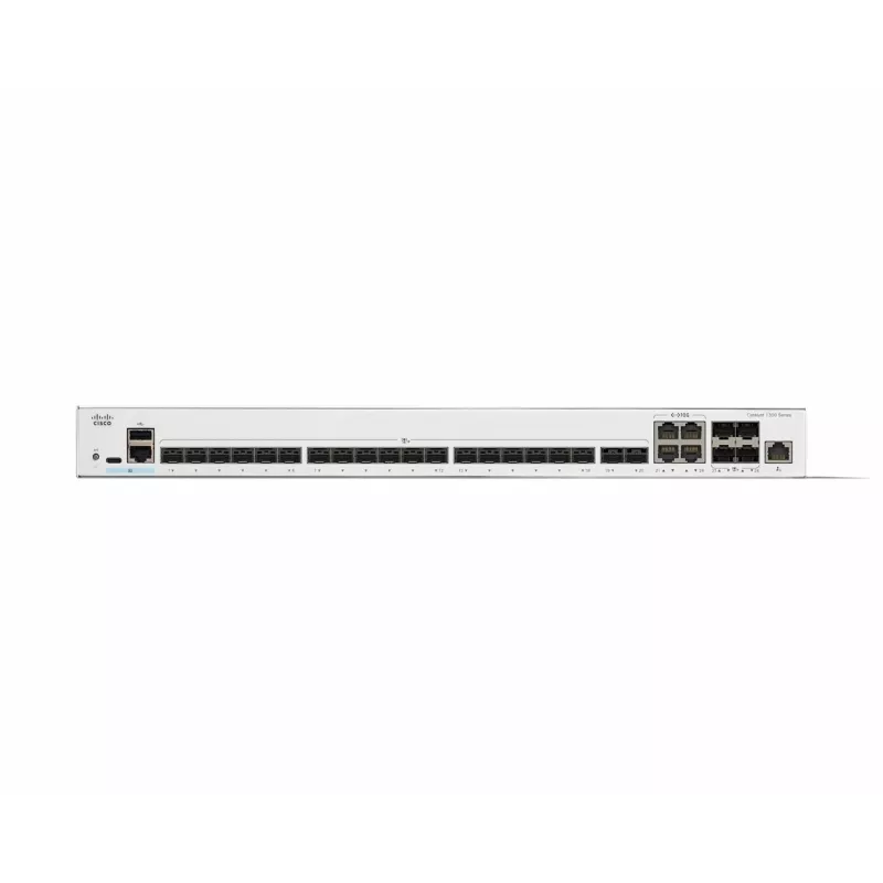 Cisco Catalyst C1300-24XS switch de rede gerido L2/L3, 24 portas (20x 10GE SFP+ + 4x 10GE uplinks partilhados), 480 Gbit/s, consola RJ-45/USB-C, tabela MAC de 16 000, montagem em rack, cinzento