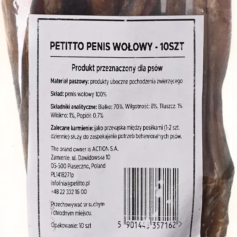 Mastigável para cães PETITTO pénis de vaca, pack de 10 – snacks mastigáveis de vaca para higiene dentária