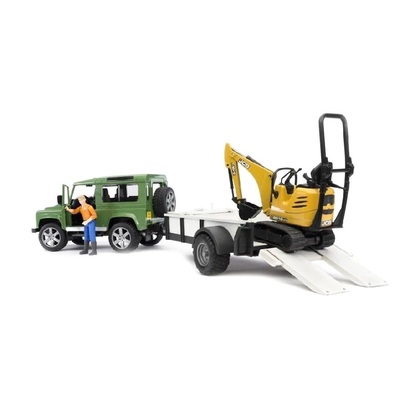 BRUDER Land Rover Defender com atrelado CAT e figura, veículo de brinquedo