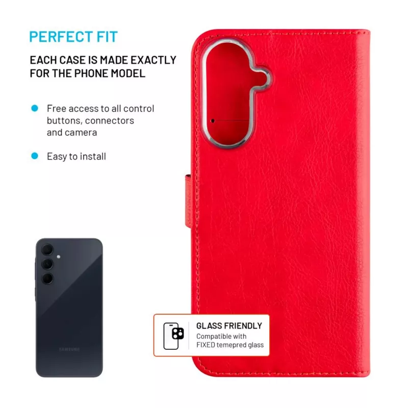 Capa de livro em pele FIXED para Samsung Galaxy A36 5G – vermelha, proteção frontal e traseira, recortes precisos