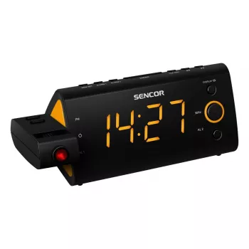 Rádio-relógio SENCOR SRC 330 OR — rádio-relógio FM com visor LED de 1,2 polegadas, duplo alarme, projeção vermelha 180°, temperatura interior, backup de pilha