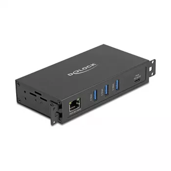 Hub USB DELOCK 3 portas 5 Gbit/s com RJ45 Gigabit PoE++ e host USB Type-C, caixa metálica, isolamento de 1,5 kV, preto