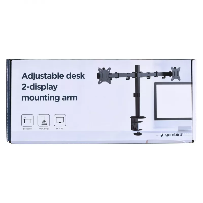 Suporte de monitor Gembird MA-D2-01 para 2 ecrãs até 32 polegadas, VESA 75x75–100x100, grampo, 18 kg, preto