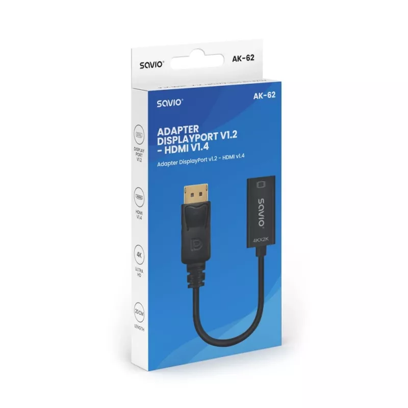 Adaptador Savio DisplayPort (macho) v1.2 - HDMI A (fêmea) v1.4, 4K, AK-62