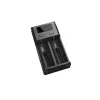 Carregador de pilhas Nitecore NEW i2 — carregador de 2 slots para LiFePO4, Li-Ion, NiMH; entrada 100–240V; saída 9–12V; suporta AAAA/C/D/AAA/AA; preto