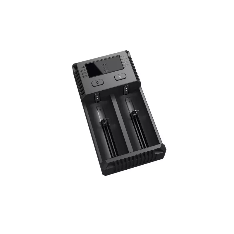 Carregador de pilhas Nitecore NEW i2 — carregador de 2 slots para LiFePO4, Li-Ion, NiMH; entrada 100–240V; saída 9–12V; suporta AAAA/C/D/AAA/AA; preto