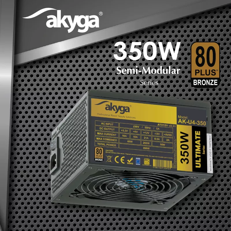 Fonte de alimentação ATX Akyga AK-U4-350 Ultimate 350 W, 80 PLUS Bronze, PFC ativo, ventoinha de 120 mm