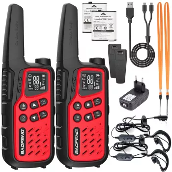 Walkie-talkie portátil Baofeng BF-T25E — 16 canais, 0,5 W, Li-Ion 1400 mAh, conjunto de 2 (vermelho)