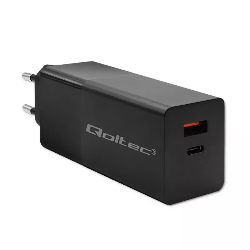 Carregador Qoltec 52382 GaN POWER PRO | 1xUSB Type C | 1xUSB A | 100W | 5-20V | 1.5-5A | PD | preto