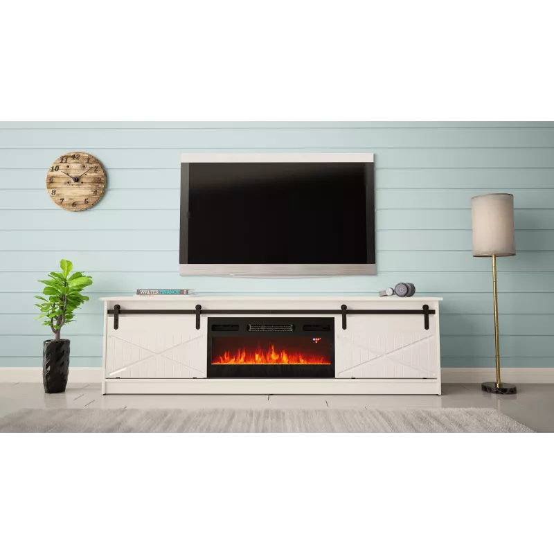 Móvel de TV com lareira elétrica Cama Meble modelo GRANERO RTV GRANERO + KOM B/B, 200 x 56,7 x 35 cm, branco/branco brilhante, 2 portas, 2 prateleiras, MDF/aglomerado