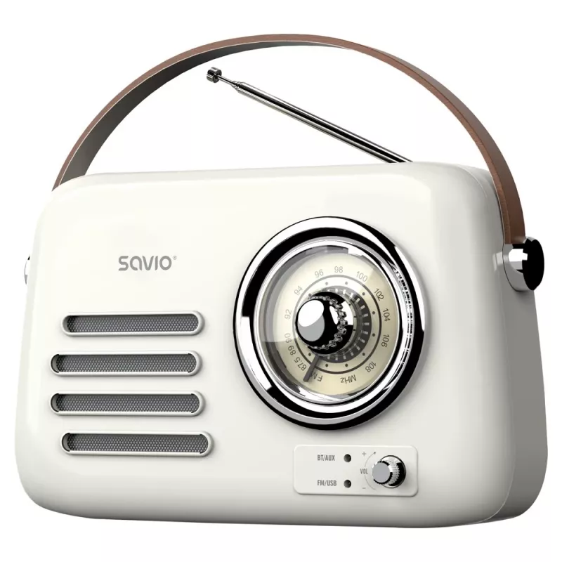 Rádio portátil SAVIO RS-02 — sintonizador FM analógico, Bluetooth 5.3, alimentação USB, 3 W, branco