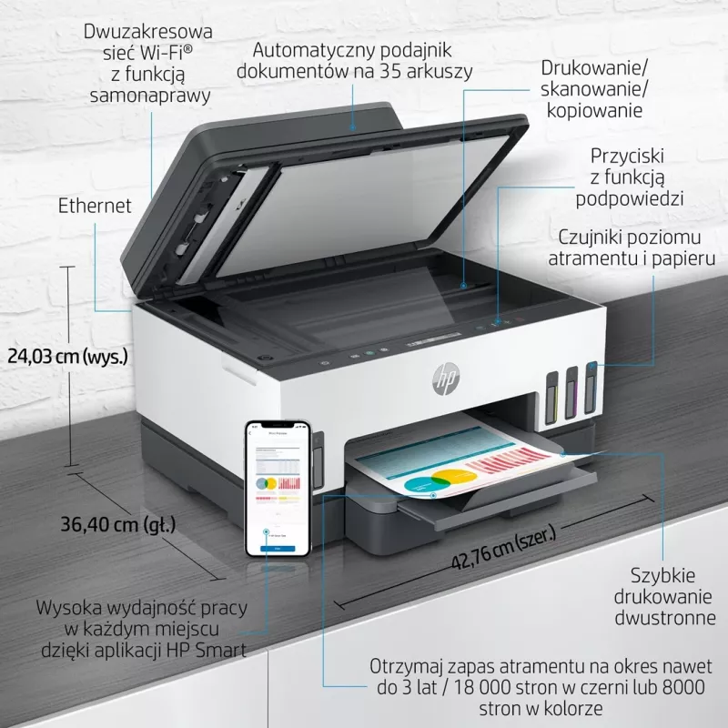 Impressora multifunções HP Smart Tank 750, depósito de tinta, cor, Wi-Fi, Smart App, duplex, ADF, alimentador automático de documentos