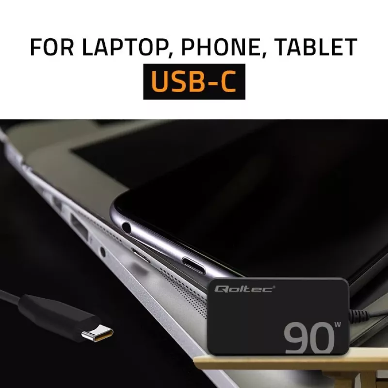 Carregador de parede Qoltec 90W GaN Super Fast SLIM | XP | 5-20V | 4,5A | USB-C 3.1 | Portátil | MacBook | Smartphone | + cabo