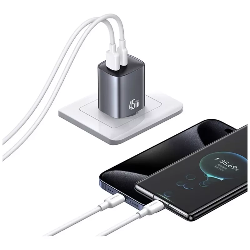Carregador T66 45W GaN CC290 USB-A + USB-C