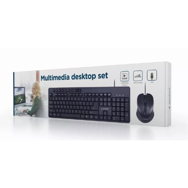 Teclado Full-Size com fios Gembird KBS-UM-04 USB QWERTY US-Inglês com rato, preto, cabo de 1,5 m