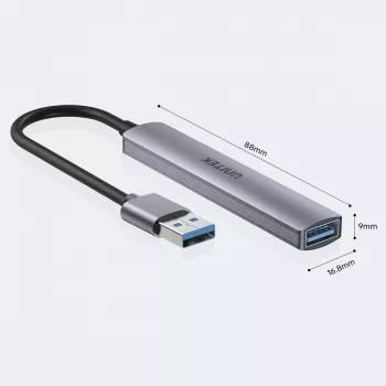 Hub USB Unitek H1208A — 4 portas (1 × USB 3.2 Gen 1 Type-A, 3 × USB 2.0), caixa em alumínio, cinzento, cabo de 0,20 m
