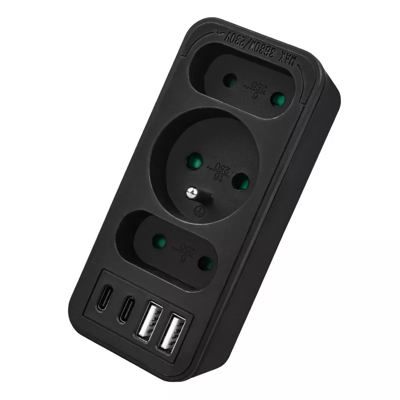 Power Splitter MACLEAN MCE248 F/B — 3 tomadas AC (1x16A, 2x6A) e 4 portas USB (2xUSB‑A, 2xUSB‑C PD 20W), ficha EU, preto