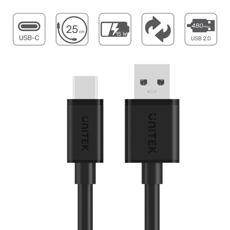 CABO USB UNITEK USB-A — USB-C 25CM, Y-C480BK