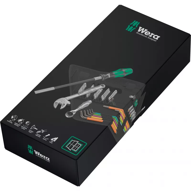 Kraftform Kompakt F 1, para instaladores de janelas, 35 peças, conjunto de ferramentas preto/verde, incl. catraca de bits Zyklop Mini 1, 1/4