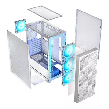 Caixa de PC LOGIC Dart Pro Midi ARGB branco — Midi Tower, ATX, 456×200×385 mm, GPU máx. 34 cm, altura do dissipador da CPU 155 mm, 3x120mm frente + 1x120mm traseira, USB 3.0 x2, USB-C x1
