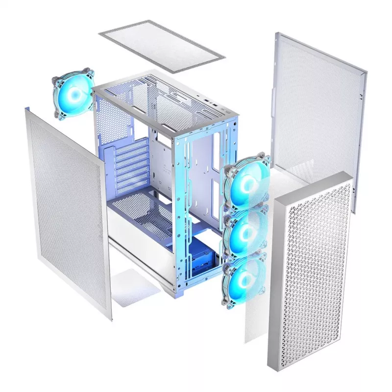 Caixa de PC LOGIC Dart Pro Midi ARGB branco — Midi Tower, ATX, 456×200×385 mm, GPU máx. 34 cm, altura do dissipador da CPU 155 mm, 3x120mm frente + 1x120mm traseira, USB 3.0 x2, USB-C x1